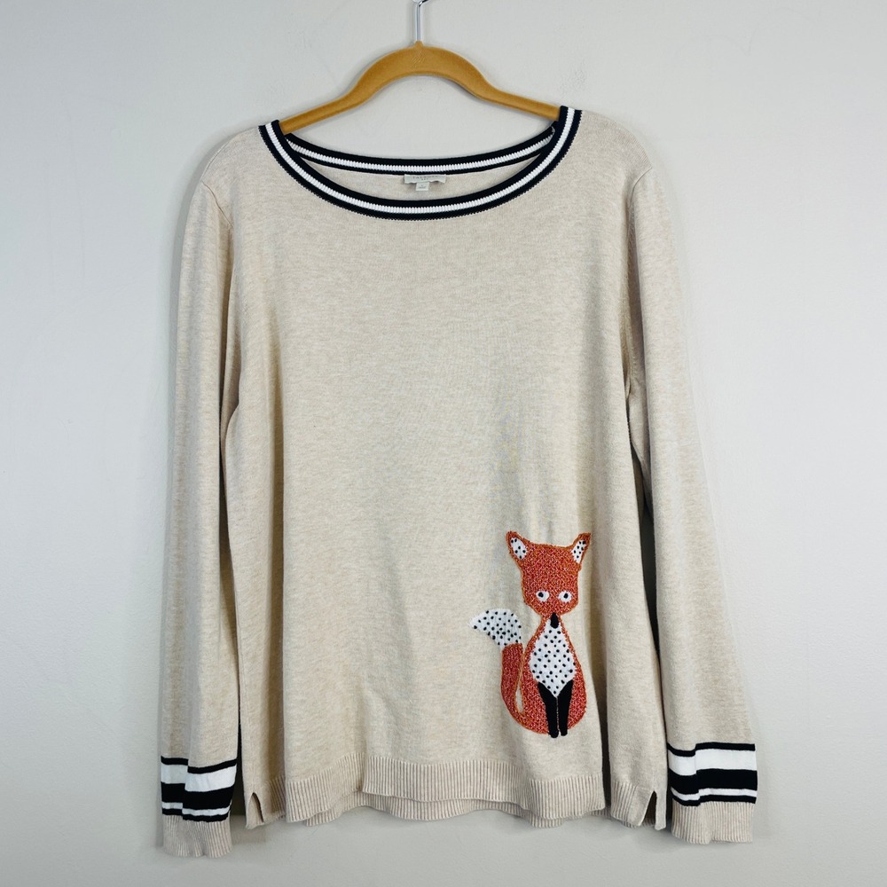 Talbots Fox Crew Neck Pullover Sweater Womens Large Preppy Animal Print Casual